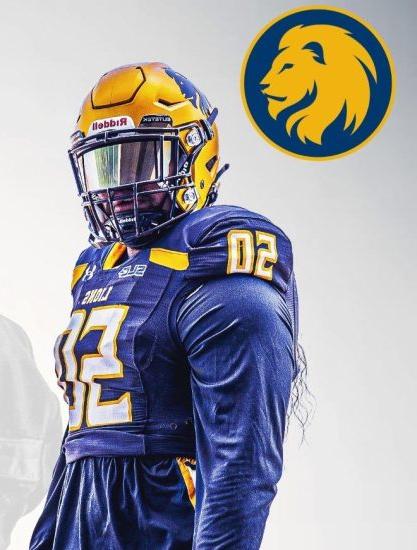 A&M-Commerce lion head logo in the top left. Football player Levi Drake Rodriguez in full uniform on the right.